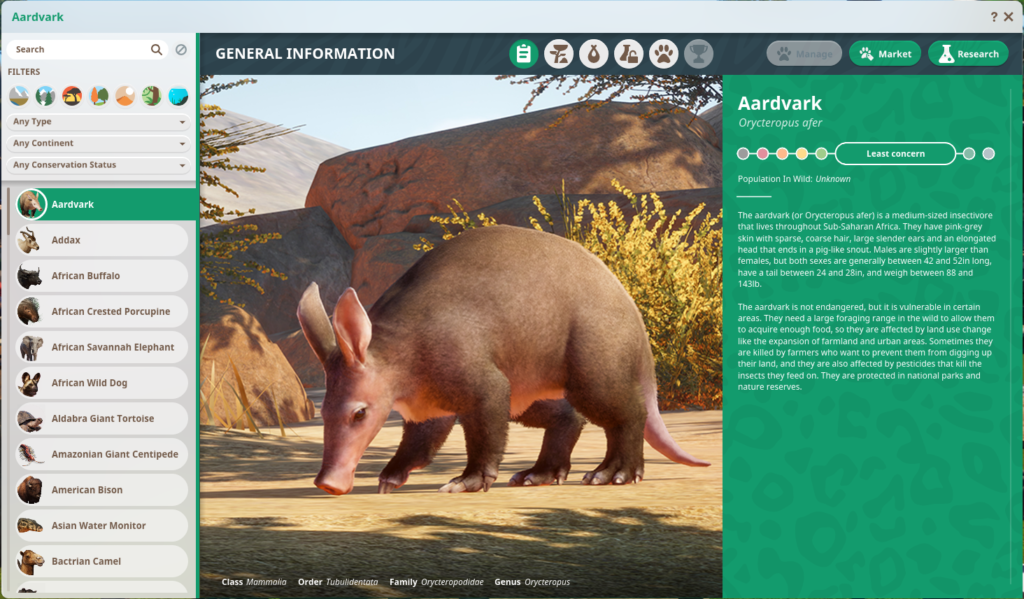 Planet Zoo Zoopedia page showing Aardvark